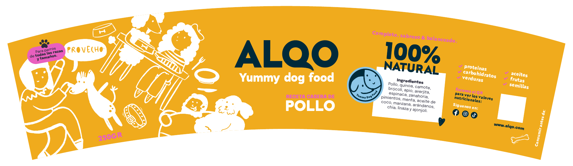 Etiqueta Alqo receta de Pollo 100% natural para perros